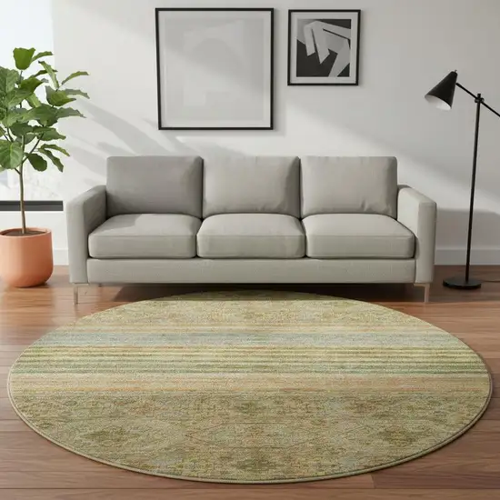 8' Artichoke Green Copper And Gray Striped Washable Round Rug With UV Protection Photo 2
