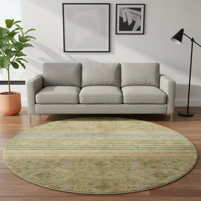 8' Artichoke Green Copper And Gray Striped Washable Round Rug With UV Protection Photo 2