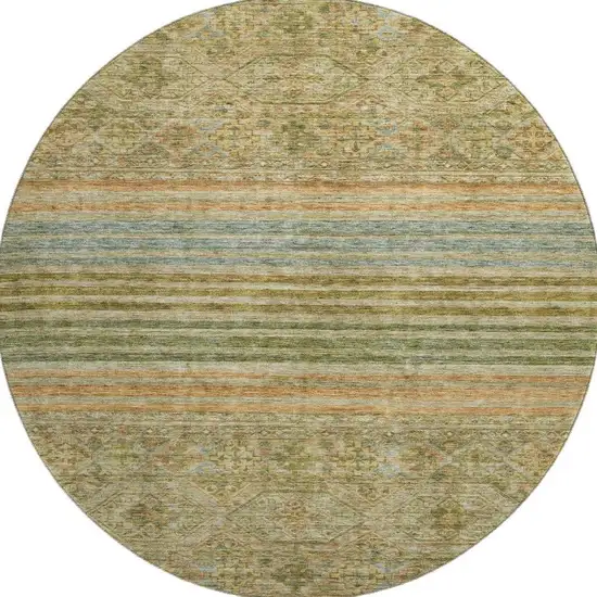 8' Artichoke Green Copper And Gray Striped Washable Round Rug With UV Protection Photo 3