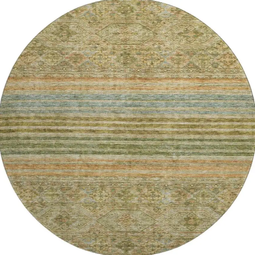 8' Artichoke Green Copper And Gray Striped Washable Round Rug With UV Protection Photo 3
