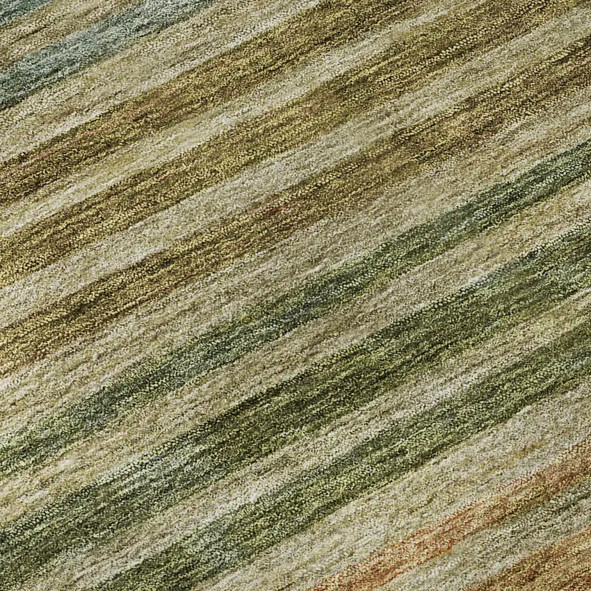 8' Artichoke Green Copper And Gray Striped Washable Round Rug With UV Protection Photo 8