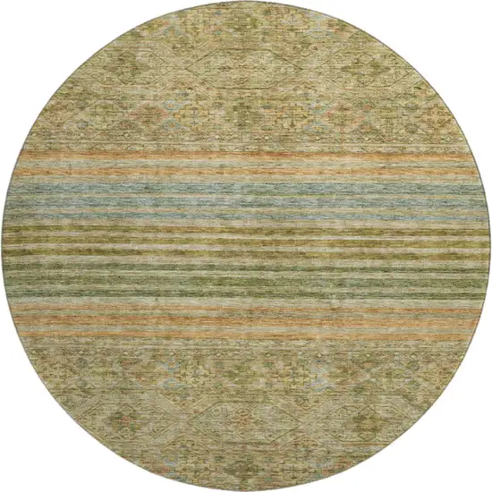 8' Artichoke Green Copper And Gray Striped Washable Round Rug With UV Protection Photo 1