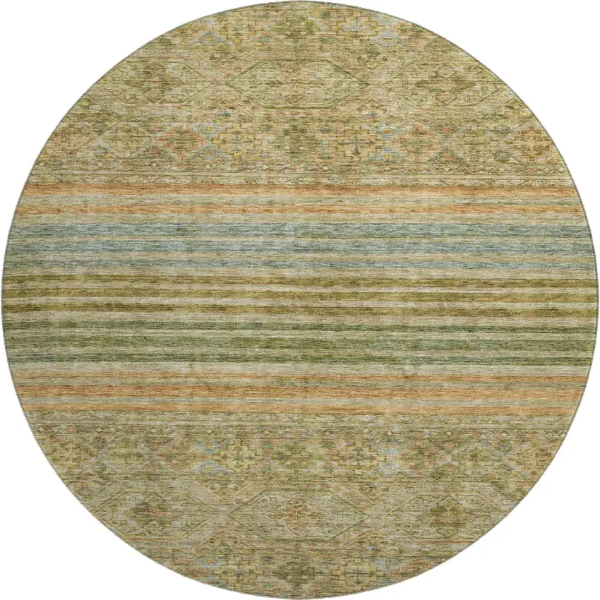 8' Artichoke Green Copper And Gray Striped Washable Round Rug With UV Protection Photo 1