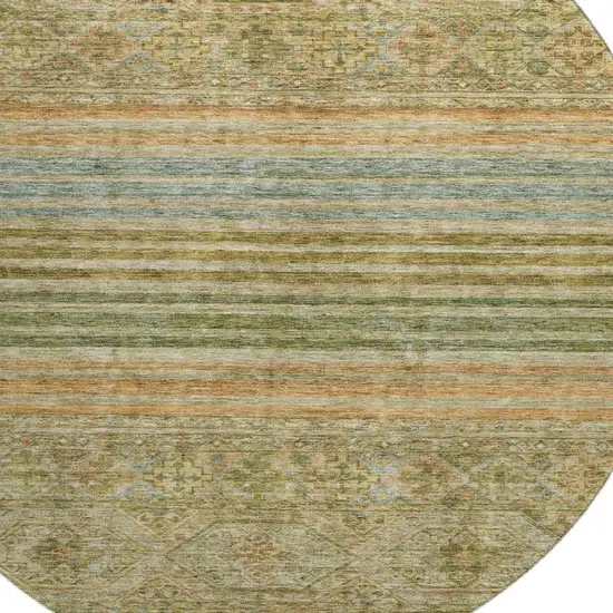 8' Artichoke Green Copper And Gray Striped Washable Round Rug With UV Protection Photo 2