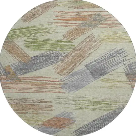 8' Artichoke Green Copper And Gray Striped Washable Round Rug With UV Protection Photo 2