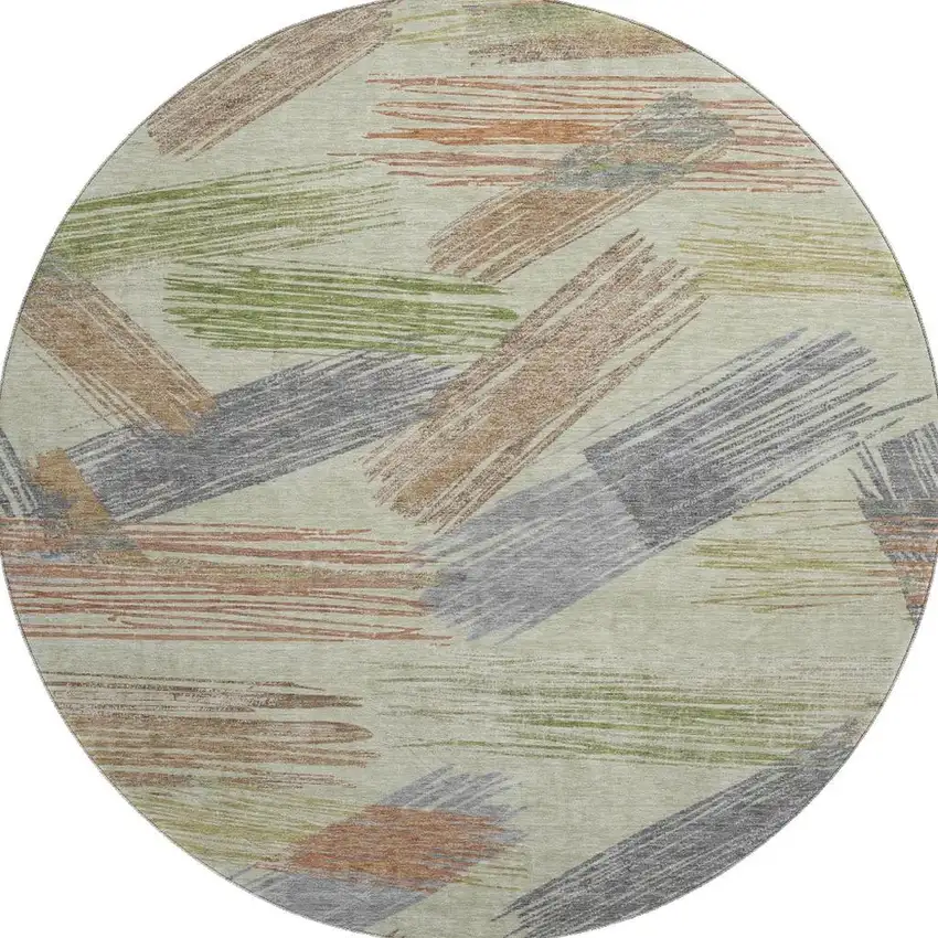 8' Artichoke Green Copper And Gray Striped Washable Round Rug With UV Protection Photo 2