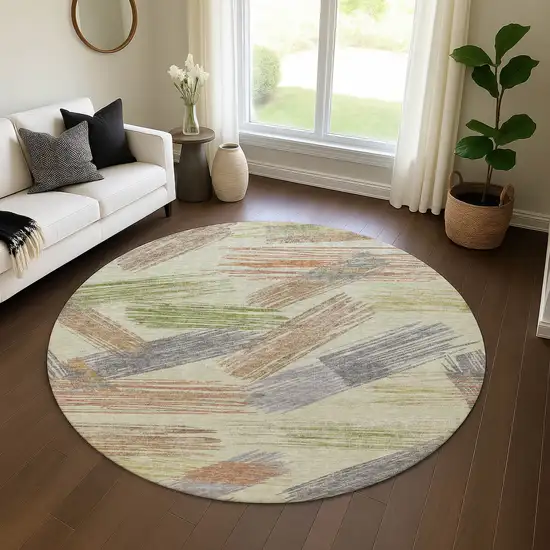 8' Artichoke Green Copper And Gray Striped Washable Round Rug With UV Protection Photo 4