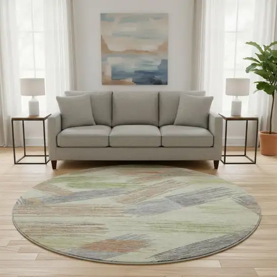 8' Artichoke Green Copper And Gray Striped Washable Round Rug With UV Protection Photo 2