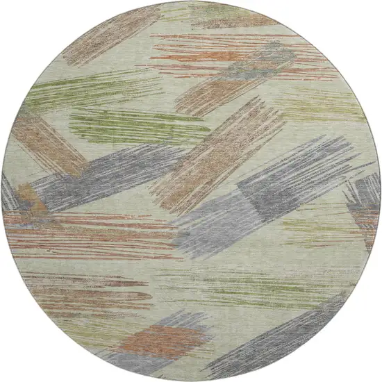 8' Artichoke Green Copper And Gray Striped Washable Round Rug With UV Protection Photo 1