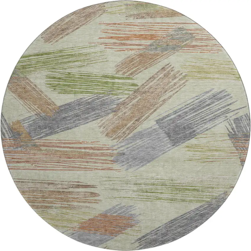 8' Artichoke Green Copper And Gray Striped Washable Round Rug With UV Protection Photo 1