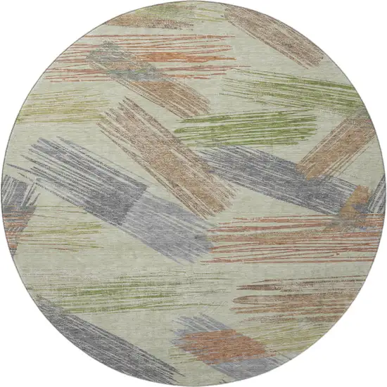 8' Artichoke Green Copper And Gray Striped Washable Round Rug With UV Protection Photo 3