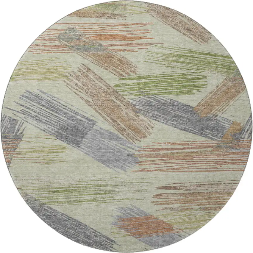 8' Artichoke Green Copper And Gray Striped Washable Round Rug With UV Protection Photo 3