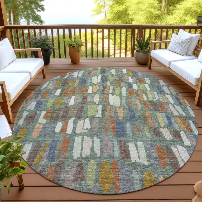 8' Artichoke Green Copper And Ivory Round Striped Washable Indoor Outdoor Area Rug Photo 4