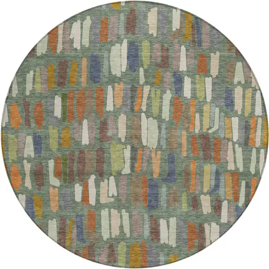 8' Artichoke Green Copper And Ivory Round Striped Washable Indoor Outdoor Area Rug Photo 1