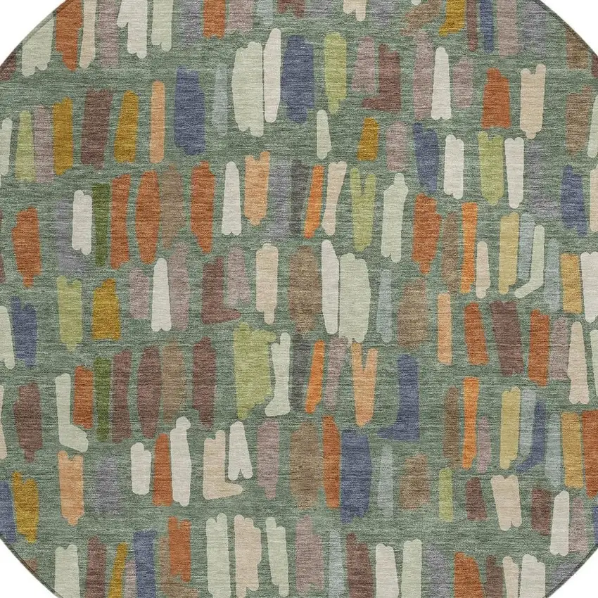 8' Artichoke Green Copper And Ivory Round Striped Washable Indoor Outdoor Area Rug Photo 2