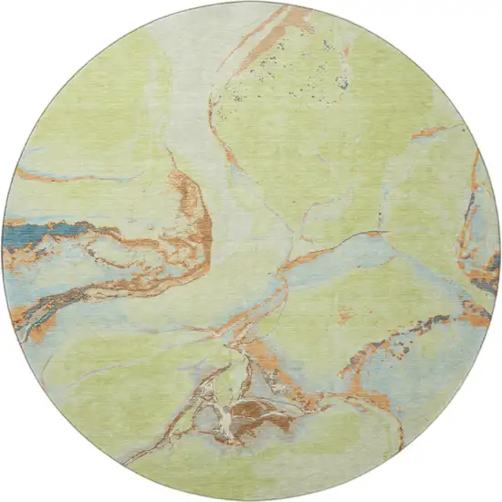 8' Artichoke Green Copper And Teal Abstract Washable Round Rug With UV Protection Photo 3