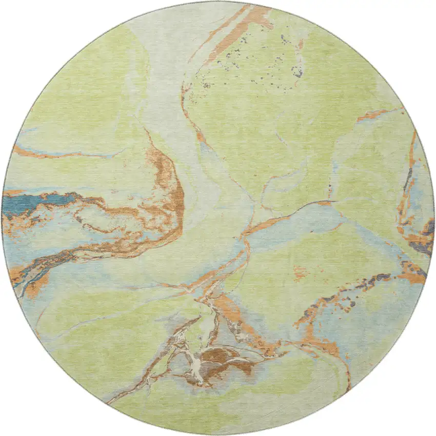 8' Artichoke Green Copper And Teal Abstract Washable Round Rug With UV Protection Photo 3