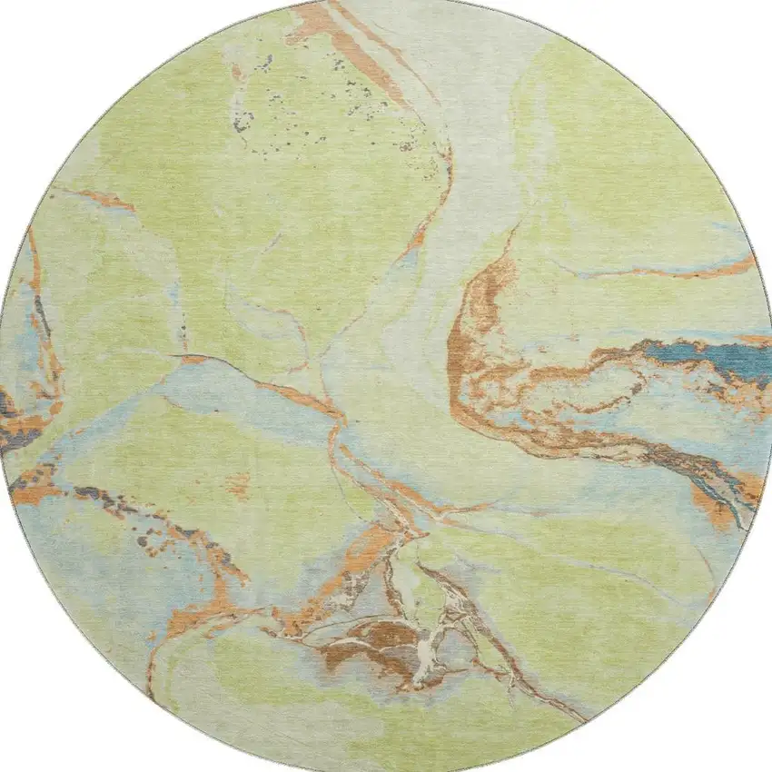 8' Artichoke Green Copper And Teal Abstract Washable Round Rug With UV Protection Photo 2