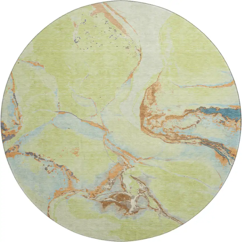 8' Artichoke Green Copper And Teal Abstract Washable Round Rug With UV Protection Photo 1