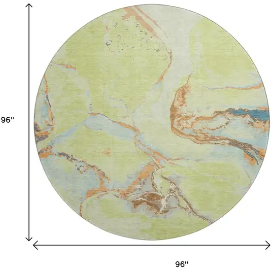 8' Artichoke Green Copper And Teal Abstract Washable Round Rug With UV Protection Photo 9