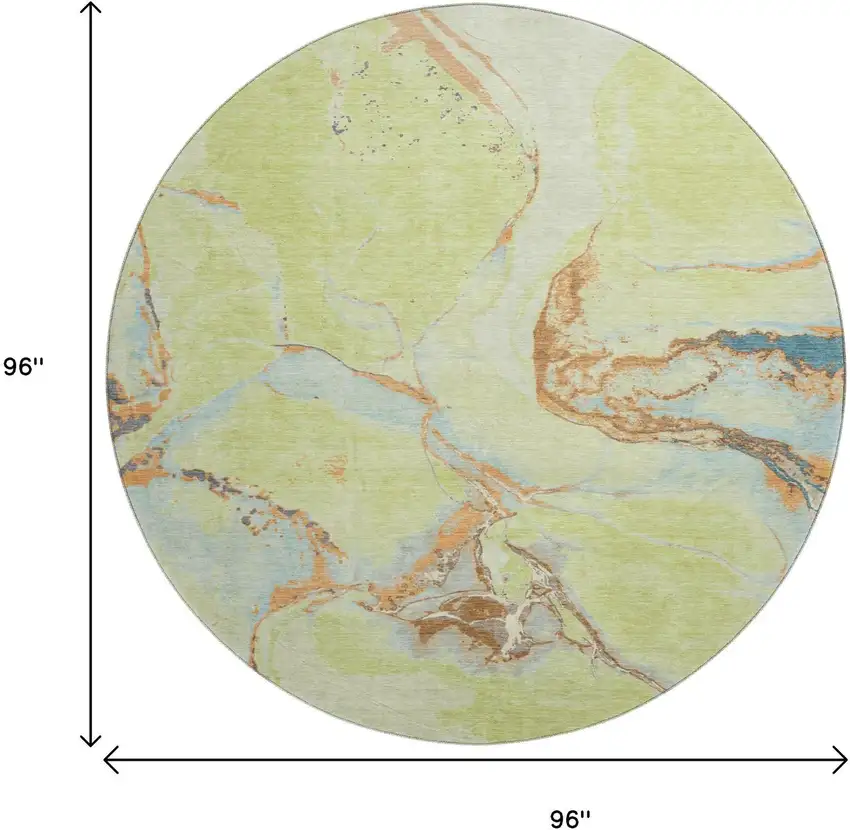 8' Artichoke Green Copper And Teal Abstract Washable Round Rug With UV Protection Photo 9