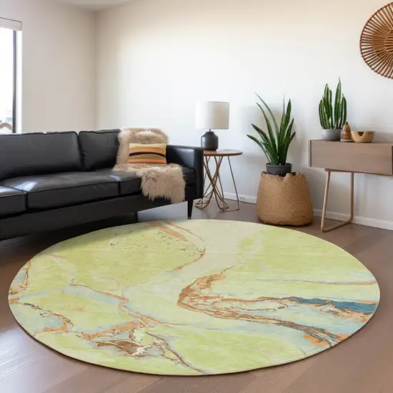 8' Artichoke Green Copper And Teal Abstract Washable Round Rug With UV Protection Photo 4