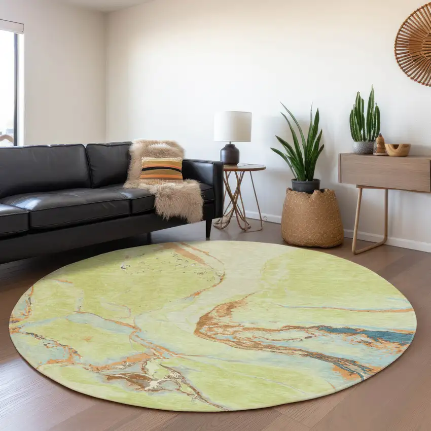 8' Artichoke Green Copper And Teal Abstract Washable Round Rug With UV Protection Photo 4