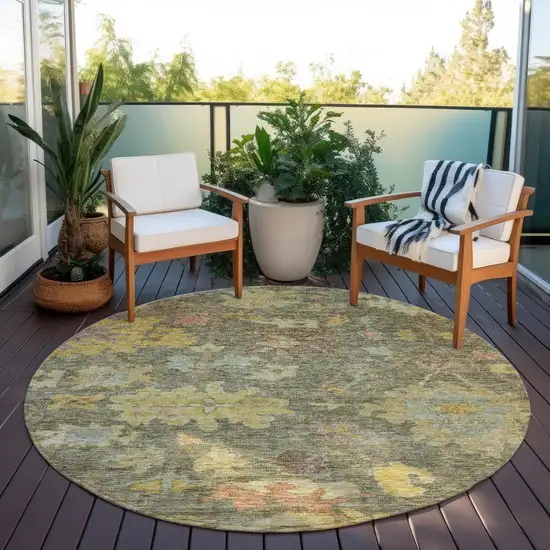8' Artichoke Green Coral And Brown Round Floral Washable Indoor Outdoor Area Rug Photo 7