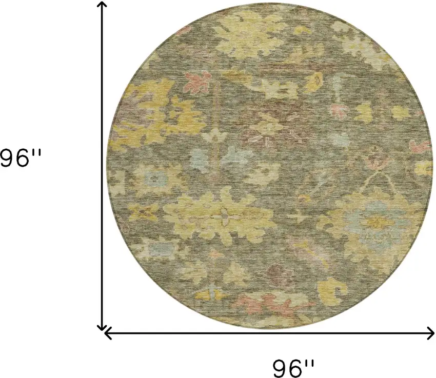 8' Artichoke Green Coral And Brown Round Floral Washable Indoor Outdoor Area Rug Photo 9