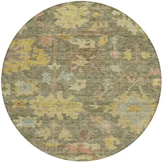 8' Artichoke Green Coral And Brown Round Floral Washable Indoor Outdoor Area Rug Photo 2