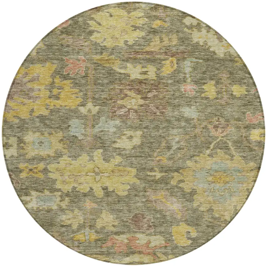 8' Artichoke Green Coral And Brown Round Floral Washable Indoor Outdoor Area Rug Photo 2