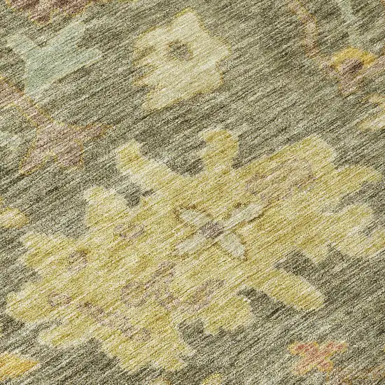 8' Artichoke Green Coral And Brown Round Floral Washable Indoor Outdoor Area Rug Photo 8