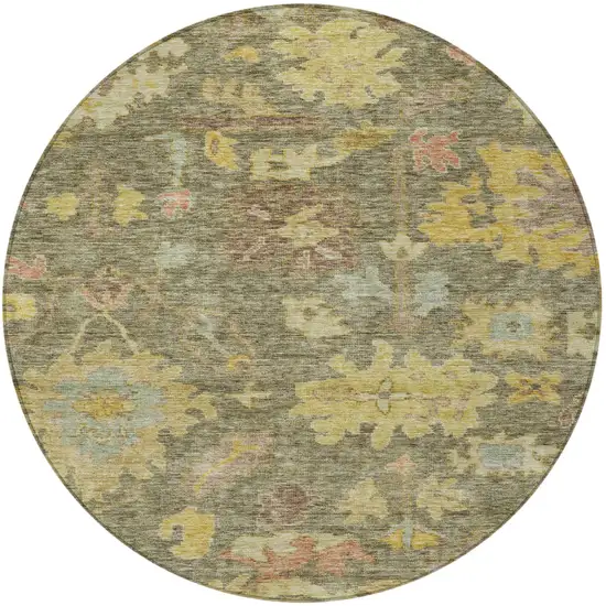 8' Artichoke Green Coral And Brown Round Floral Washable Indoor Outdoor Area Rug Photo 6