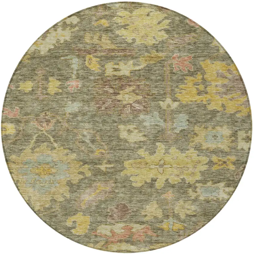 8' Artichoke Green Coral And Brown Round Floral Washable Indoor Outdoor Area Rug Photo 6