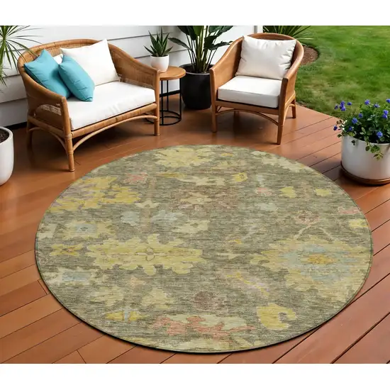 8' Artichoke Green Coral And Brown Round Floral Washable Indoor Outdoor Area Rug Photo 1