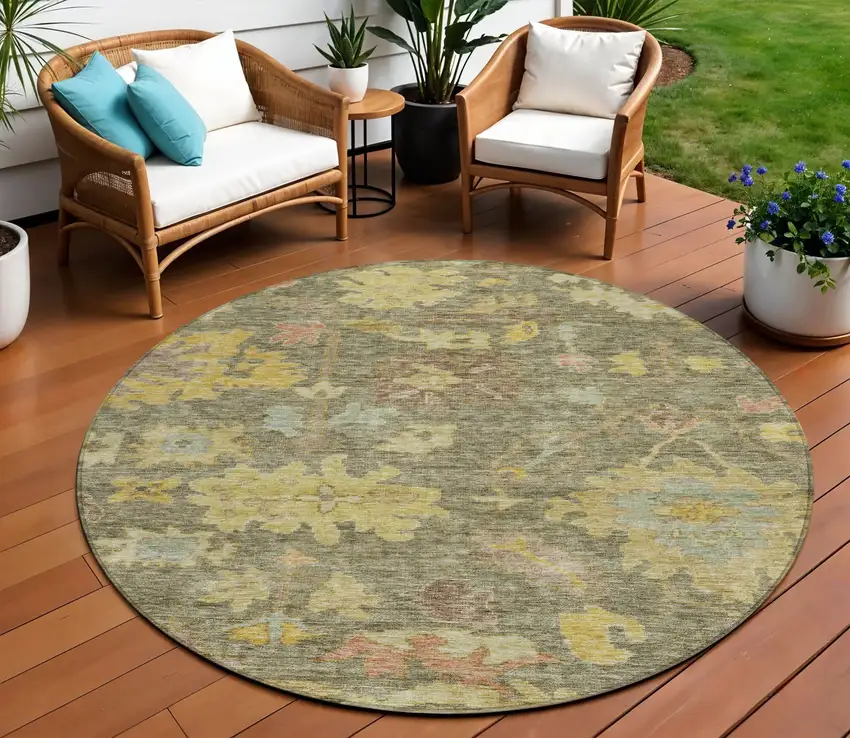 8' Artichoke Green Coral And Brown Round Floral Washable Indoor Outdoor Area Rug Photo 1