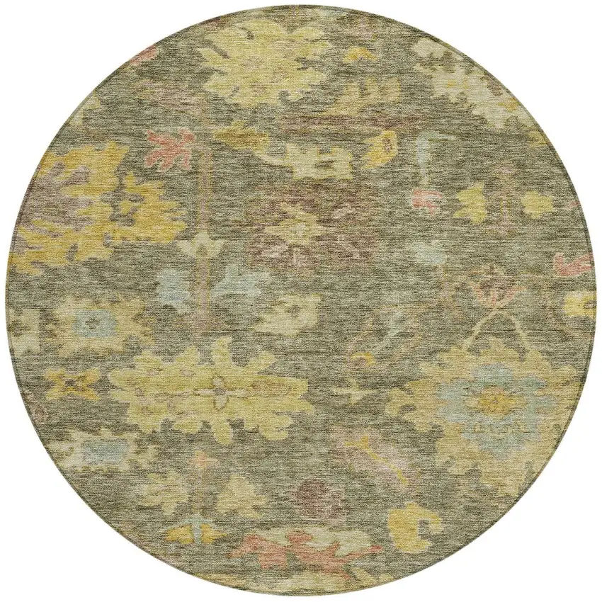 8' Artichoke Green Coral And Brown Round Floral Washable Indoor Outdoor Area Rug Photo 5