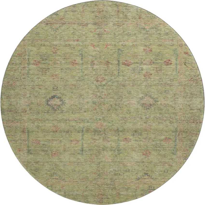 8' Artichoke Green Coral And Gray Floral Washable Round Rug With UV Protection Photo 1