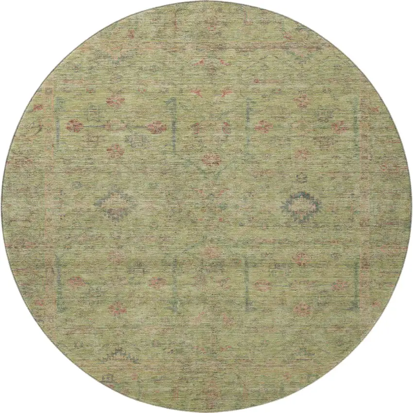 8' Artichoke Green Coral And Gray Floral Washable Round Rug With UV Protection Photo 2
