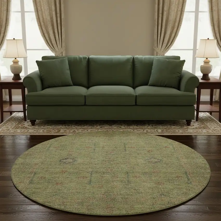 8' Artichoke Green Coral And Gray Floral Washable Round Rug With UV Protection Photo 2