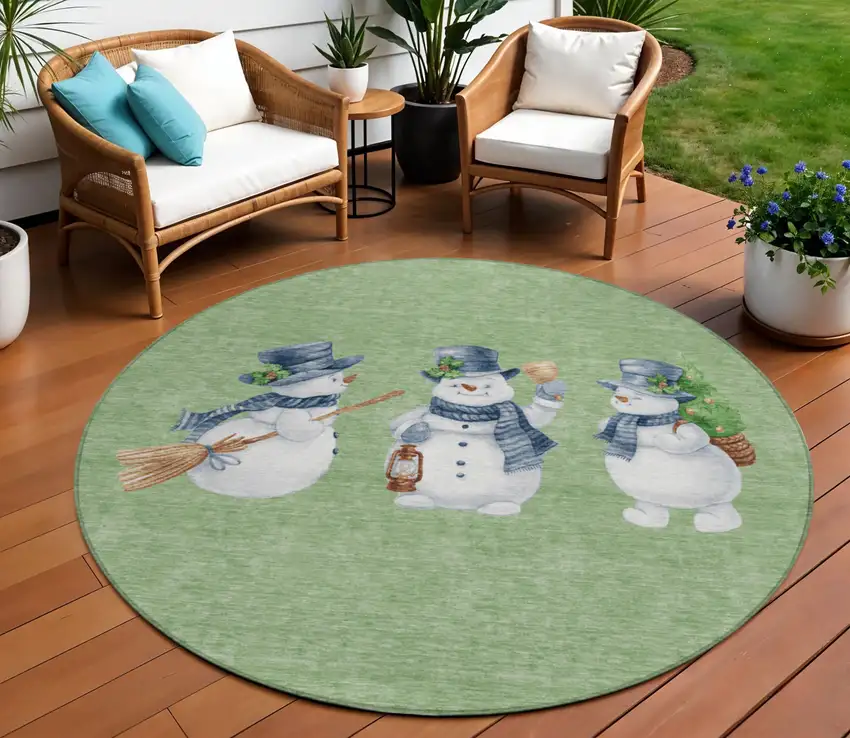 8' Artichoke Green Denim Blue And Ivory Round Snowmen Washable Indoor Outdoor Area Rug Photo 1