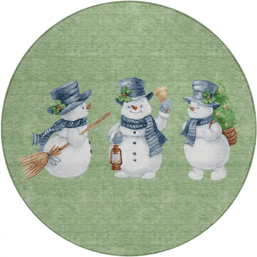 8' Artichoke Green Denim Blue And Ivory Round Snowmen Washable Indoor Outdoor Area Rug Photo 2