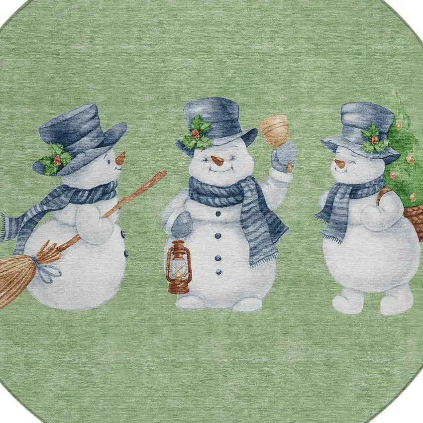 8' Artichoke Green Denim Blue And Ivory Round Snowmen Washable Indoor Outdoor Area Rug Photo 9