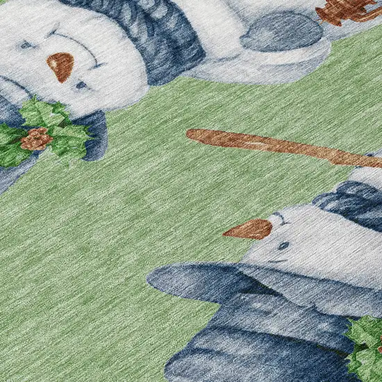 8' Artichoke Green Denim Blue And Ivory Round Snowmen Washable Indoor Outdoor Area Rug Photo 8