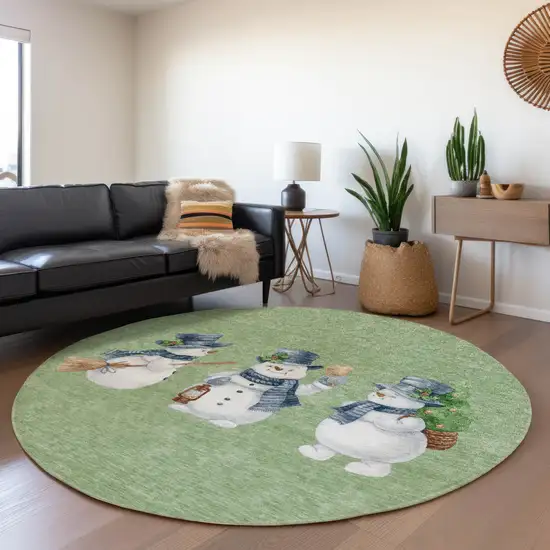 8' Artichoke Green Denim Blue And Ivory Round Snowmen Washable Indoor Outdoor Area Rug Photo 6