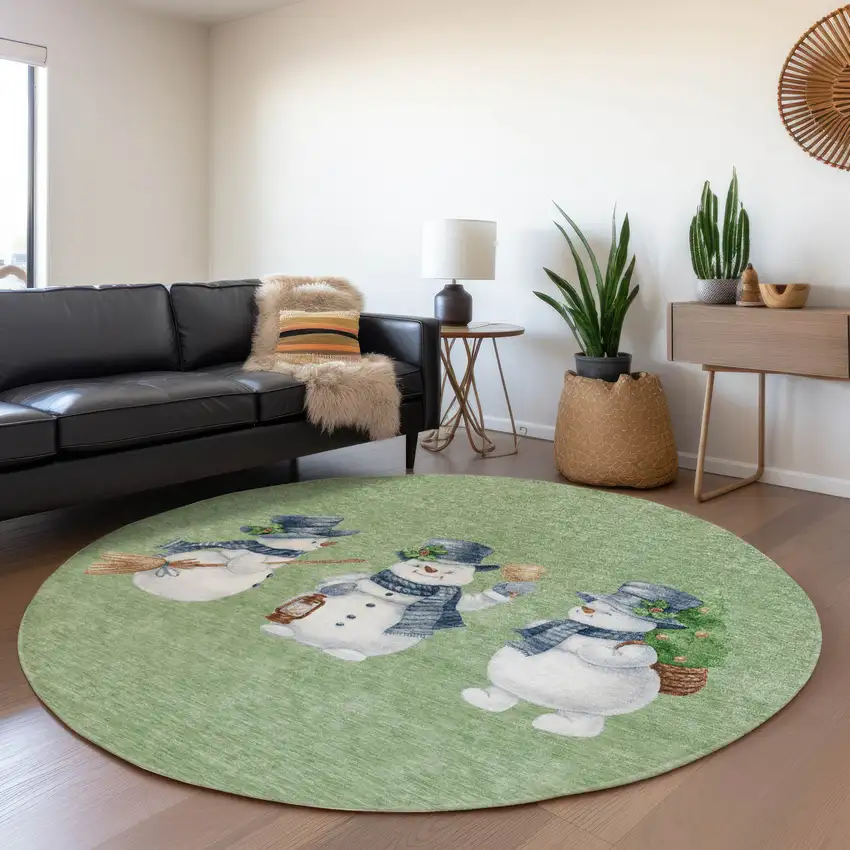 8' Artichoke Green Denim Blue And Ivory Round Snowmen Washable Indoor Outdoor Area Rug Photo 6