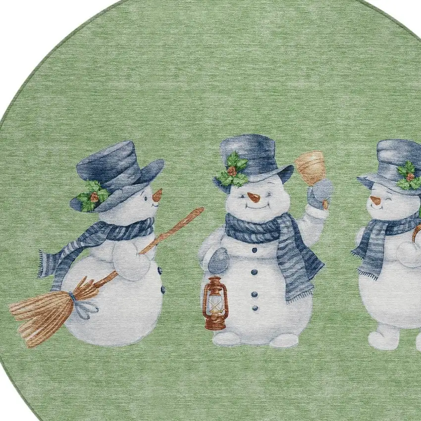 8' Artichoke Green Denim Blue And Ivory Round Snowmen Washable Indoor Outdoor Area Rug Photo 4