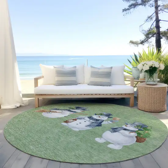 8' Artichoke Green Denim Blue And Ivory Round Snowmen Washable Indoor Outdoor Area Rug Photo 5