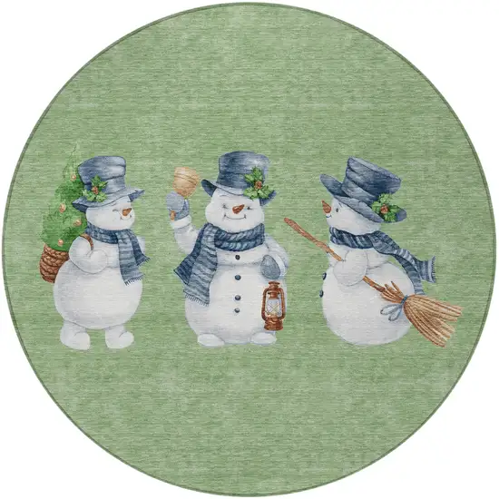 8' Artichoke Green Denim Blue And Ivory Round Snowmen Washable Indoor Outdoor Area Rug Photo 3