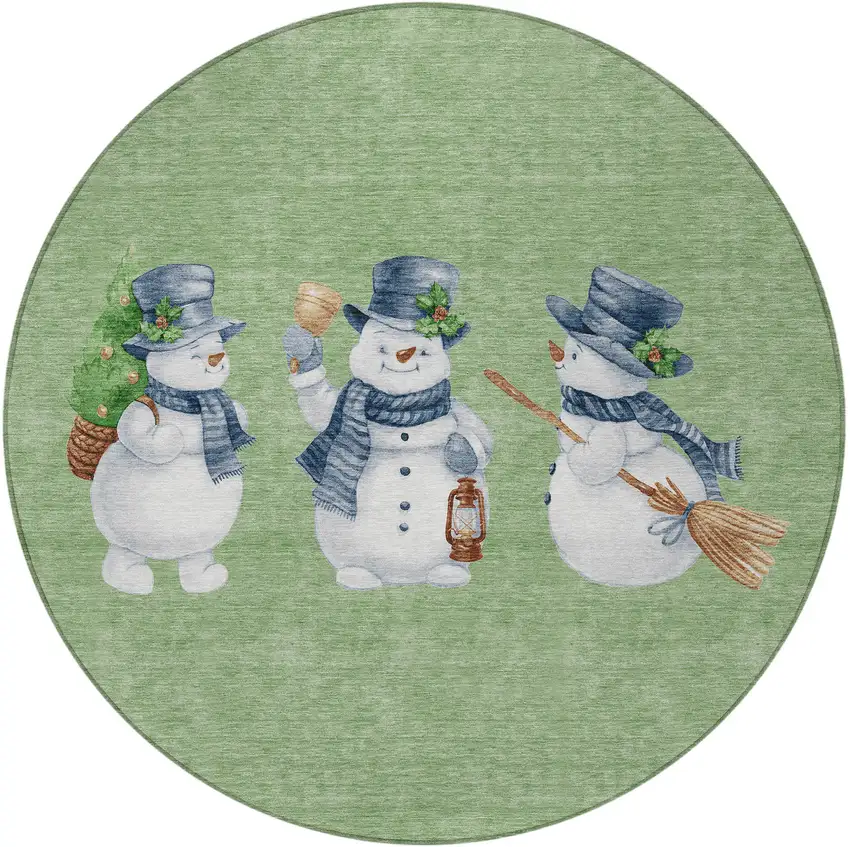 8' Artichoke Green Denim Blue And Ivory Round Snowmen Washable Indoor Outdoor Area Rug Photo 3